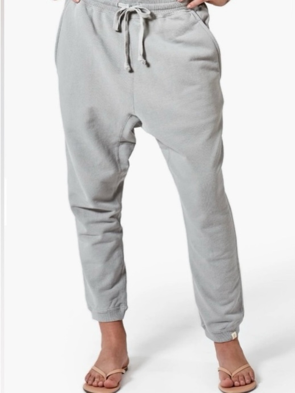 TKEES SIZE LARGE JOGGERS SWEATPANTS COTTON DROP CROTCH HIGH WAIST LIGHT GREY